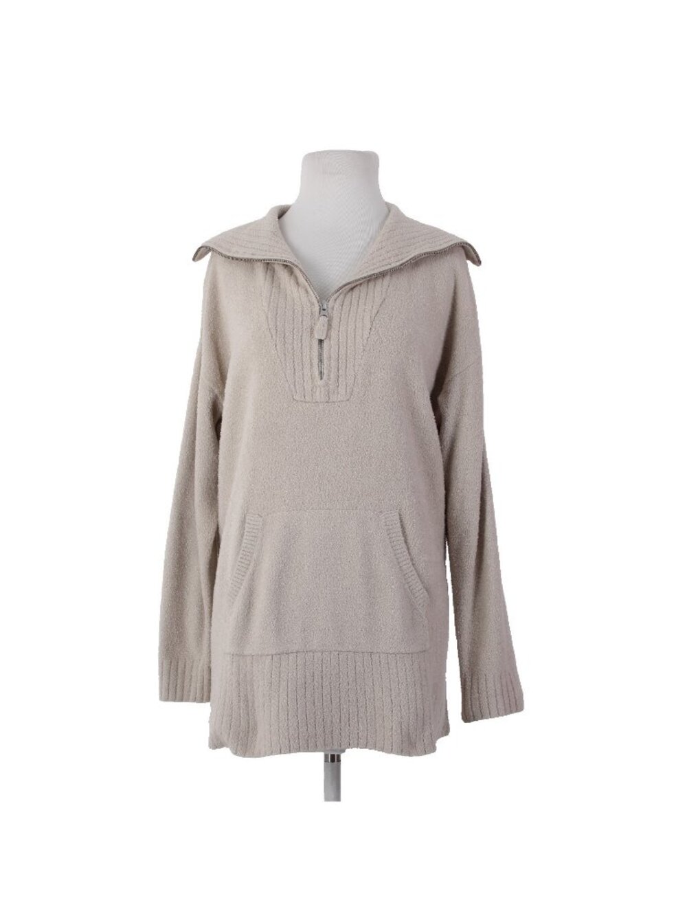 Barefoot Dreams Sweater Sz L Tan Collared Pocket Half Zip Nylon Rayon Sweater